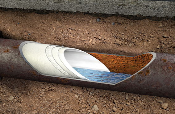 Animation graphic of a cut pipe showing the layers of lining that goes in between flowing water and metal pipe. illustration of how Hammerhead pipe relining is performed