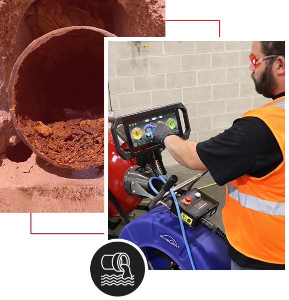 man with an orange safety vest and glasses using a inspection machine for sewer cleaning, background shows an additional image of a dirty pipe and a sewer pipe with water coming out as an icon at the bottom