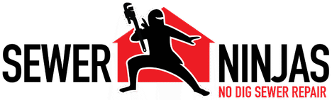 Sewer ninjas logo with ninja in front of a red house holding a wrench. No dig sewer repair
