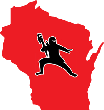 Sewer ninjas logo with ninja holding a pipe wrench over a red state of Wisconsin